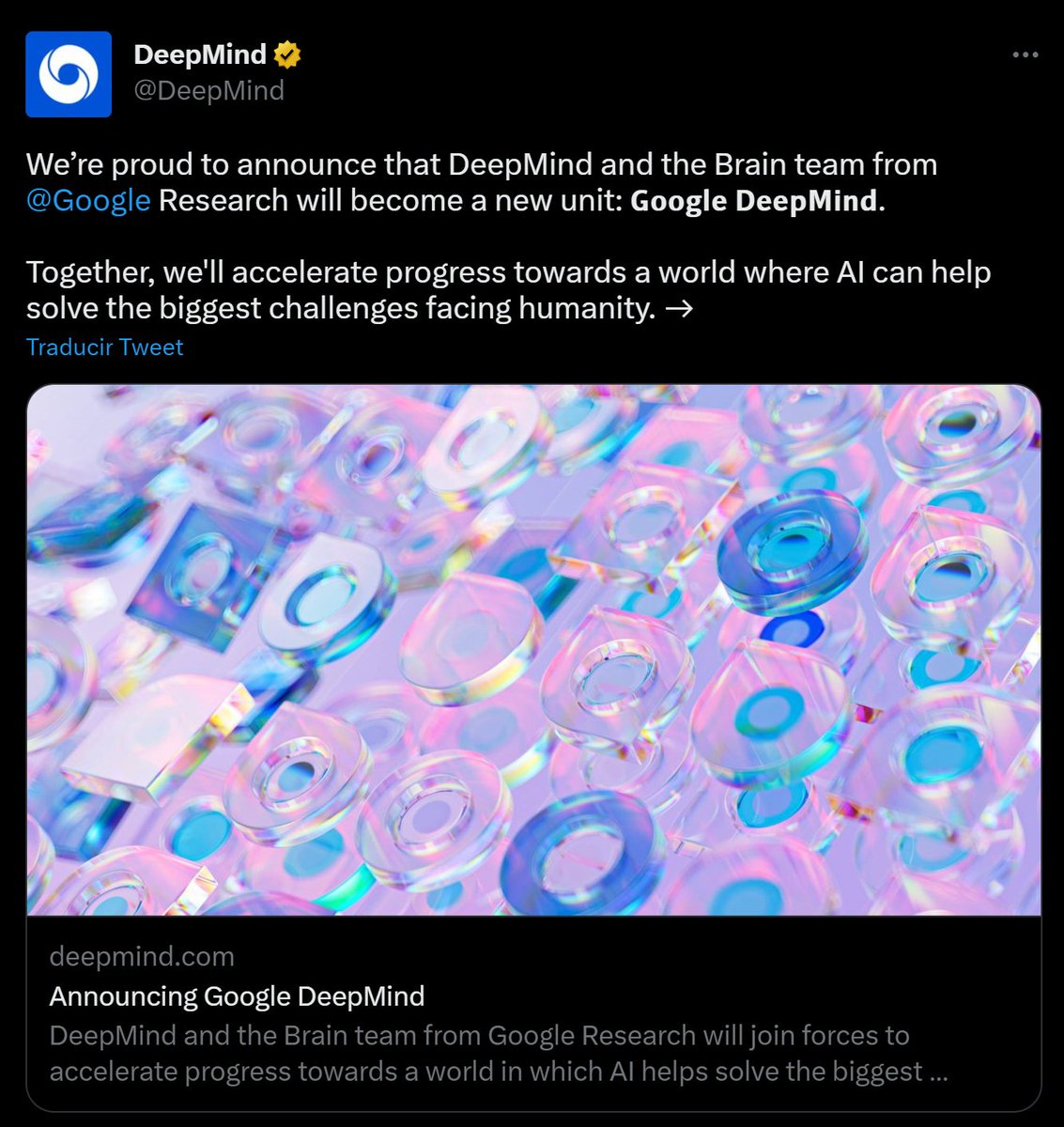 DotCSV's tweet photo. 🔥🔥🔥 ¡BOMBAZO!🔥🔥🔥

Había rumores de que en los últimos meses la división de IA de Google (Brain) y el lab Deep Mind estaban uniendo esfuerzos, como respuesta a los movimientos de OpenAI.

Pero no pensé que la cosa fuera a ser TAN OFICIAL!

👉 Hoy nace: Google DeepMind https://t.co/9BX0khmamm