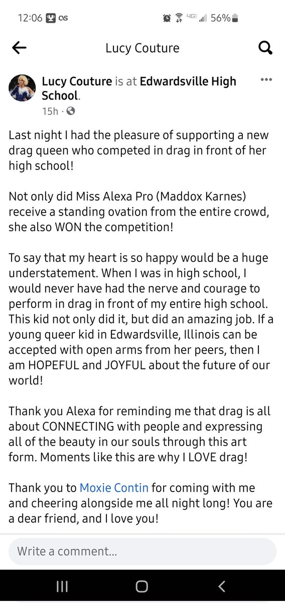 JGibsonDem's tweet photo. Congrats to Miss Alexa Pro (Maddox Karnes) for winning Edwardsville High School's Mr. Edwardsville contest in drag attire. Anything that makes the extreme right-wing anti-LGBTQ+ zealots at Speak For Students angry is a good thing. π³οΈββ§οΈπ³οΈβπ #DragIsBeautiful
https://t.co/3hCRYQ0reu https://t.co/NyzzA56IGL