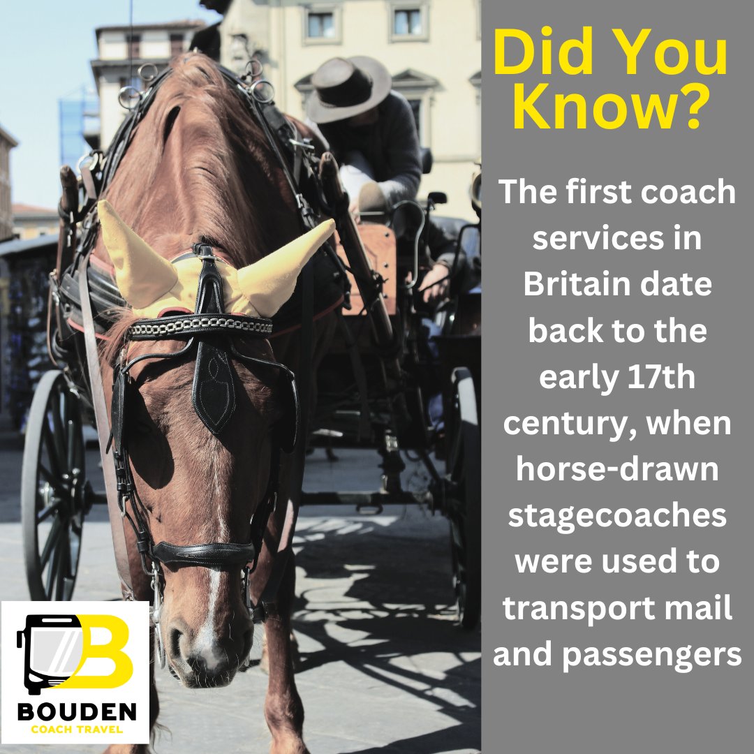 BoudenLtd's tweet photo. Did you know? The first coach services in Britain date all the way back to the early 17th century, when horse-drawn stagecoaches were used to transport mail and passengers 🤯 https://t.co/jajQDruIs9
