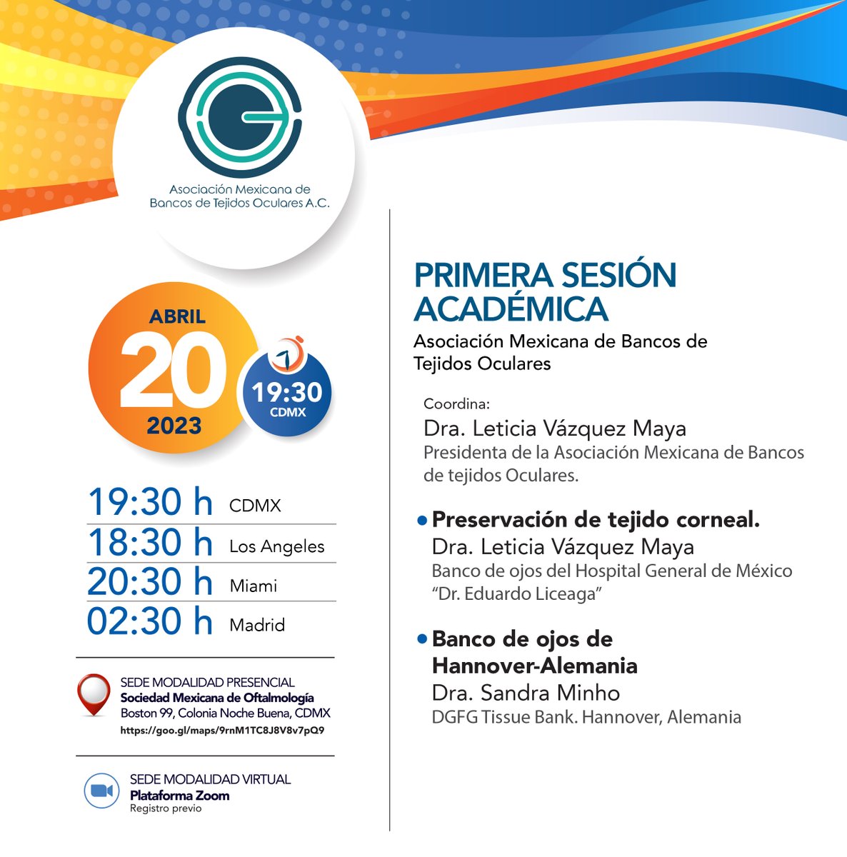 cmcycr's tweet photo. Los invitamos esta noche a la primera sesión académica de la Asociación Mexicana de Bancos de Tejidos Oculares, que se realizará previo a la Sesión Académica del CMCCR, a las 7:30 pm en las instalaciones de la SMO y vía zoom.
https://t.co/SXeUenyYfs https://t.co/O31RqTCDG5