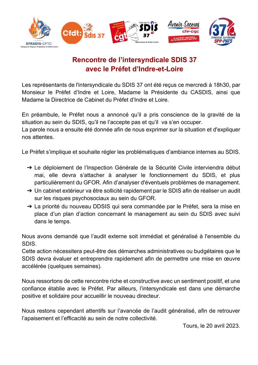 avenirsecours37's tweet photo. 📝Le compte-rendu 📝de la rencontre intersyndicale  @sdis37  avec le @Prefet37 qui s’est tenue hier en soirée.
@AvenirSecours CGT SDIS37 @POMPIERS_CFTC37 
CFDTSDIS37 - SA SPP/PATS
 #SDIS #pompiers #Pats #tours #touraine https://t.co/Seuh0kM45B