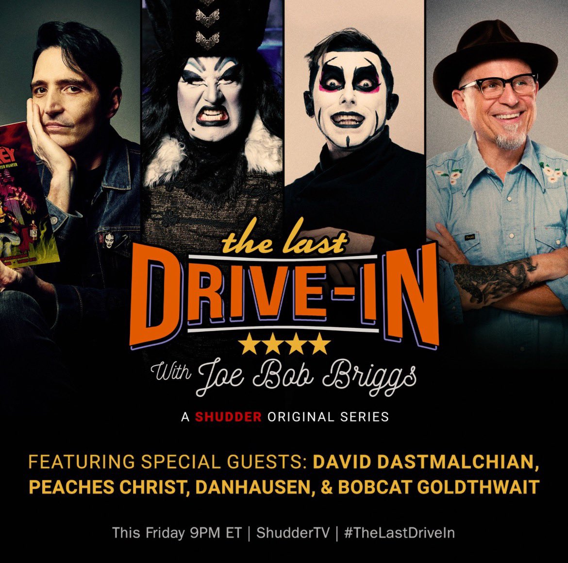 You won’t believe who’s joining tomorrow’s party! #TheLastDriveIn with @therealjoebob @kinky_horror on @Shudder! #DavidDastmalchian @PeachesChrist @DanhausenAD #bobcatgoldthwait #CountCrowley