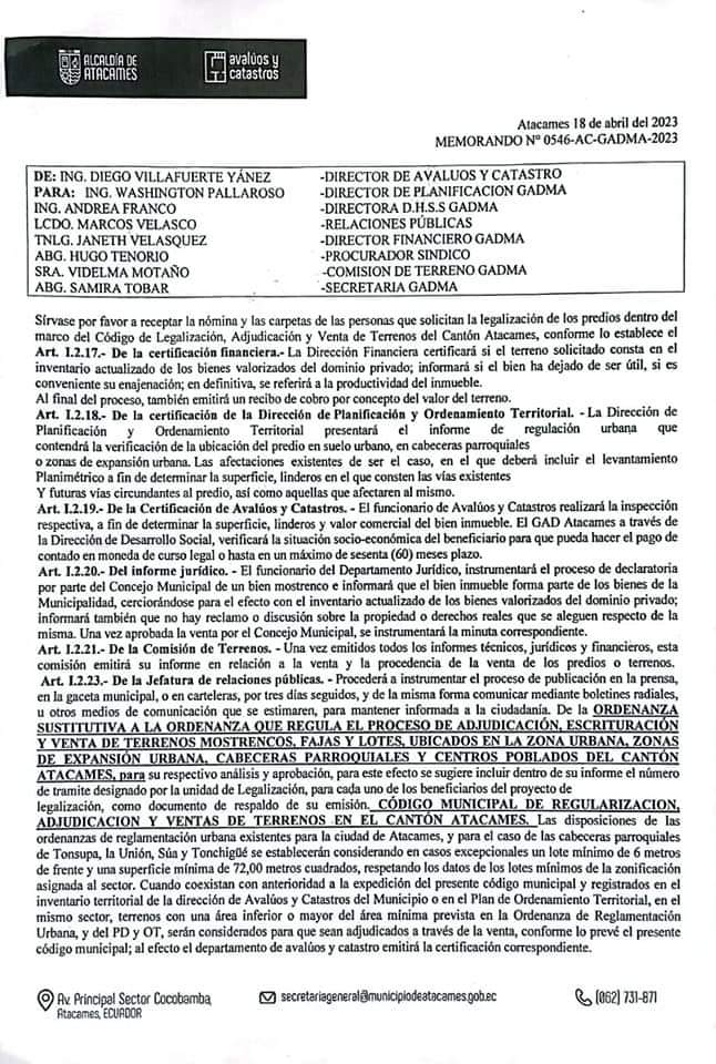 MuniAtacames's tweet photo. En #Atacames no damos espacio a quienes se dedican al tráfico de tierras, @MuniAtacames continúa brindando todas las facilidades a usuarios para canalizar la obtención de Escritura Pública, aquí un nuevo listado de personas que próximamente obtendrán sus títulos habilitantes https://t.co/oK99PigVfK