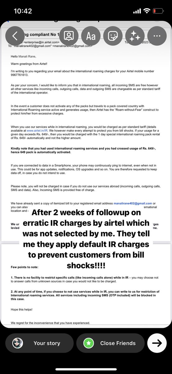 ranemanalii's tweet photo. @airtelindia @Airtel_Presence @airtelpresence @TRAI Airtel charges without customers knowledge IR packs with a excuse to prevent bill shocks to the consumer. They have excuse for every damn thing. I was charged 700 rs additional over the extra charges without my knowledge. @TRAI https://t.co/DJlL7t08oG