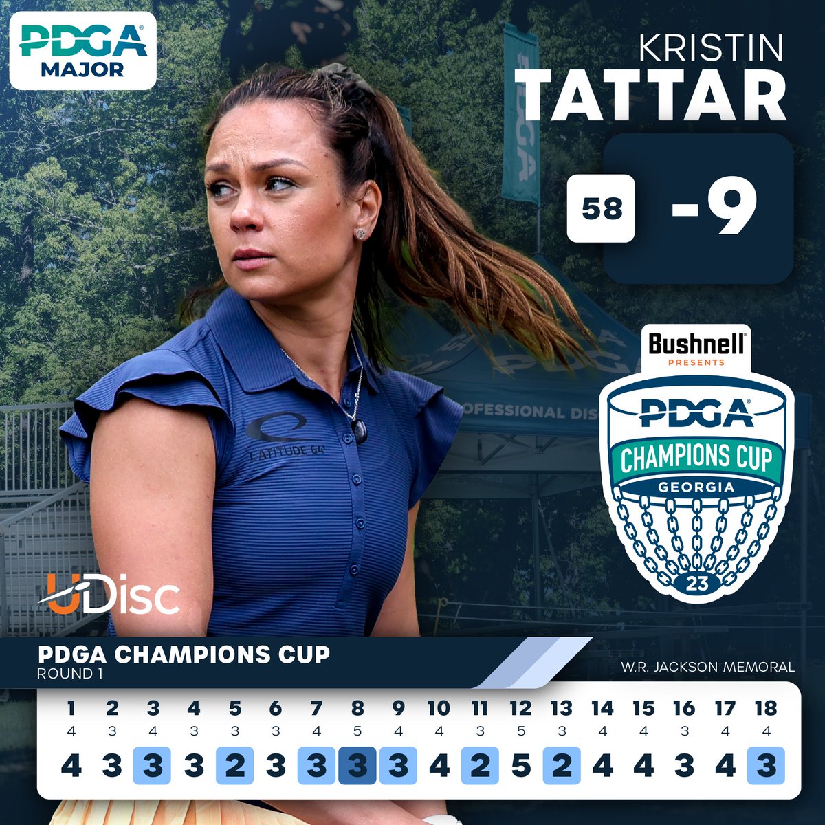 DiscGolfProTour's tweet photo. Kristin Tattar sets the new course record at W.R. Jackson (-9) 🔥 https://t.co/UbaFS8Lg0u