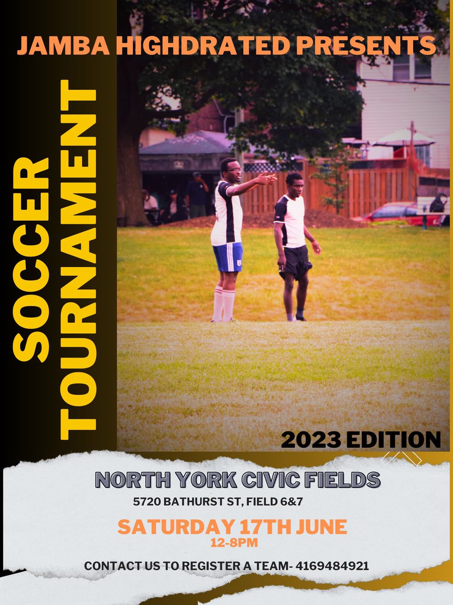 JambaHighdrated's tweet photo. JUNE 17 at THE NORTH YORK CIVIC FIELDS!!!
Join us for the Jamba Highdrated Annual Tournament. 8 TEAMS, 13 Matches, full day of fun. 
DM to volunteer as ref, first aider/ sponsor the tournament/register a team (team spaces are limited).
#summer2023 #soccer #tournament #football https://t.co/vU4K1WZohr