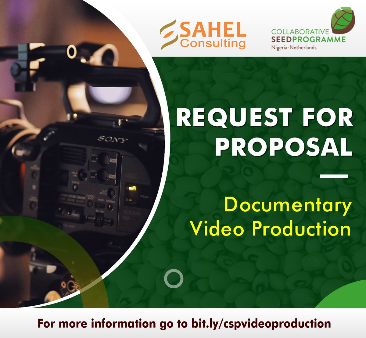 sahelconsulting's tweet photo. We would like to engage a contractor on the Collaborative Seed Programme (CSP) for documentary video production.
For information go to https://t.co/LJBhBhp4tP or click on the link in our bio and select 'CSP Documentary
#sahelproject #csp #cspseed #documentary #videography https://t.co/f3lDS3rb81