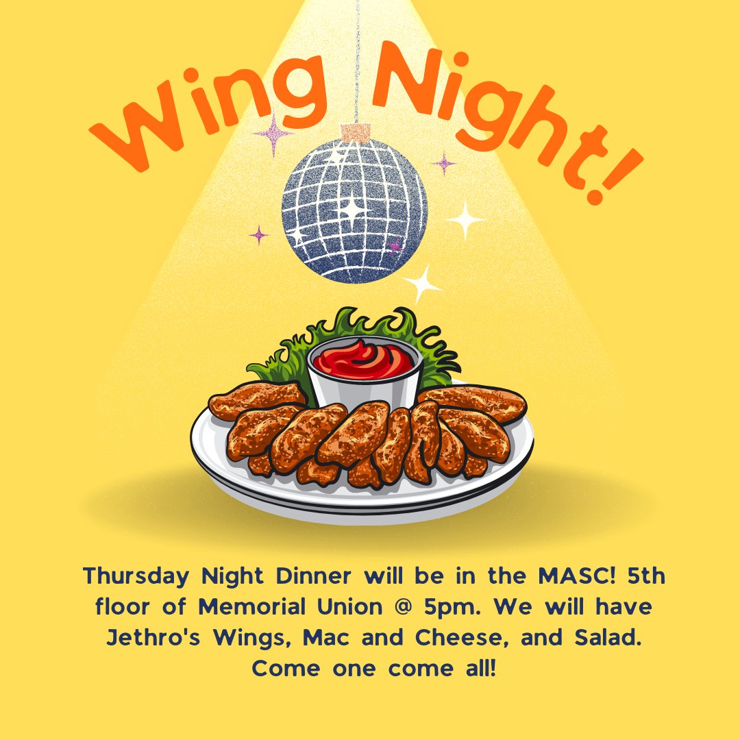 Please join us in the MASC Lounge tonight for our FREE weekly Thursday Night Dinner  @ 5pm!  We will have plenty of Jethro's wings, mac and cheese and salad! See you there 😋