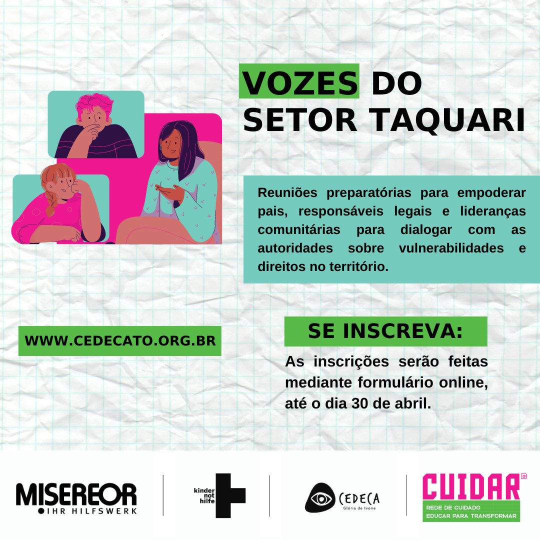 CEDECA_TO's tweet photo. Temos um recadinho para o pessoal de Taquari! Iremos realizar 10 reuniões preparatórias para a comunidade. 🗣️📲 Quer participar? Acesse https://t.co/qg45gBKQOh e faça sua inscrição.
#Cedecato https://t.co/y6220OxKNY