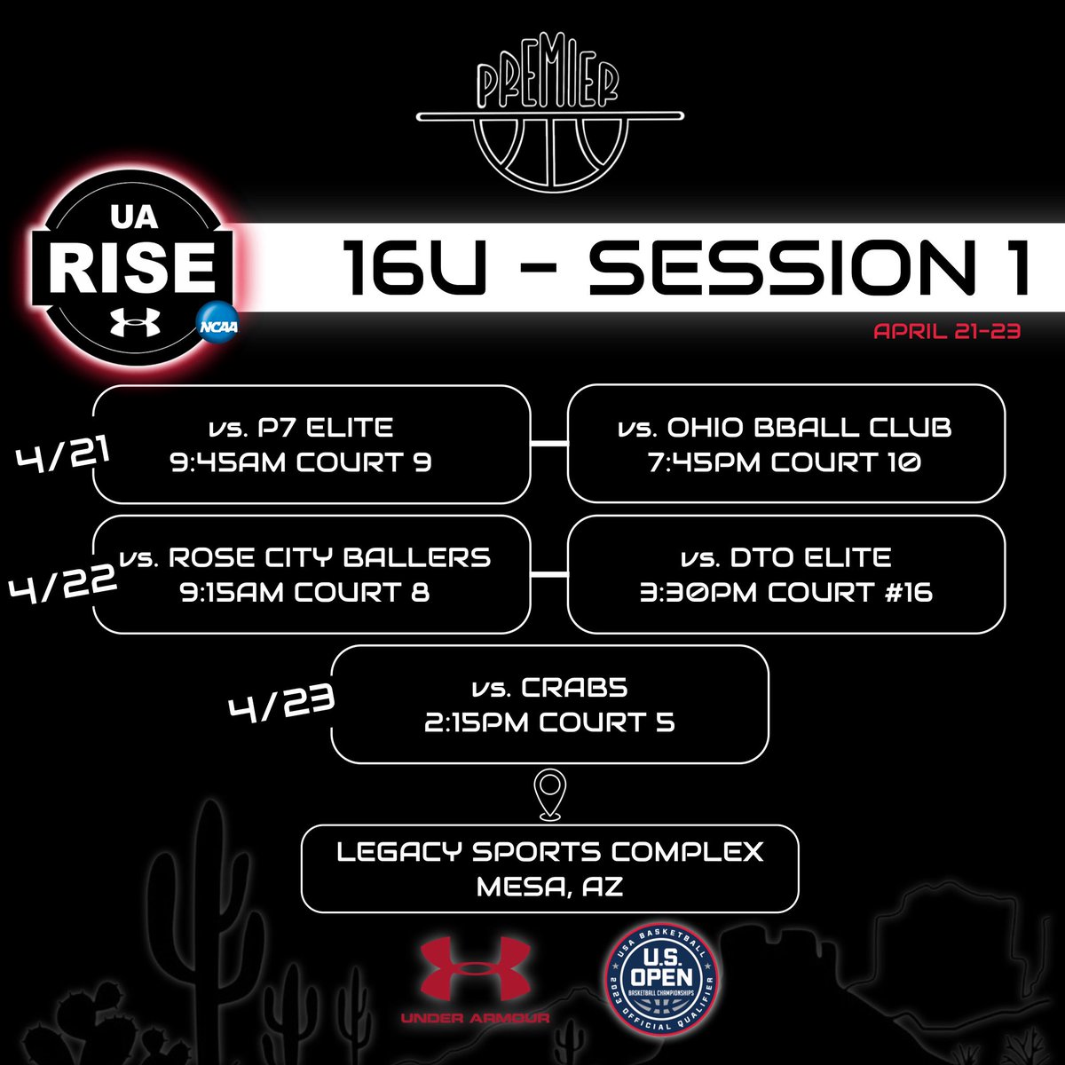 IdahoPremier's tweet photo. 💥Session 1 of the UA @RiseCircuit starts tomorrow!💥

📍All UA Rise &amp; UAA games will be played at Legacy Sports in Mesa, AZ. 

⭐️Our 17U UA Rise team was invited to participate in the @WCEBball Super Showcase, giving them an additional showcase game on Sunday at Inspire Courts. https://t.co/qmmSzJGGqD