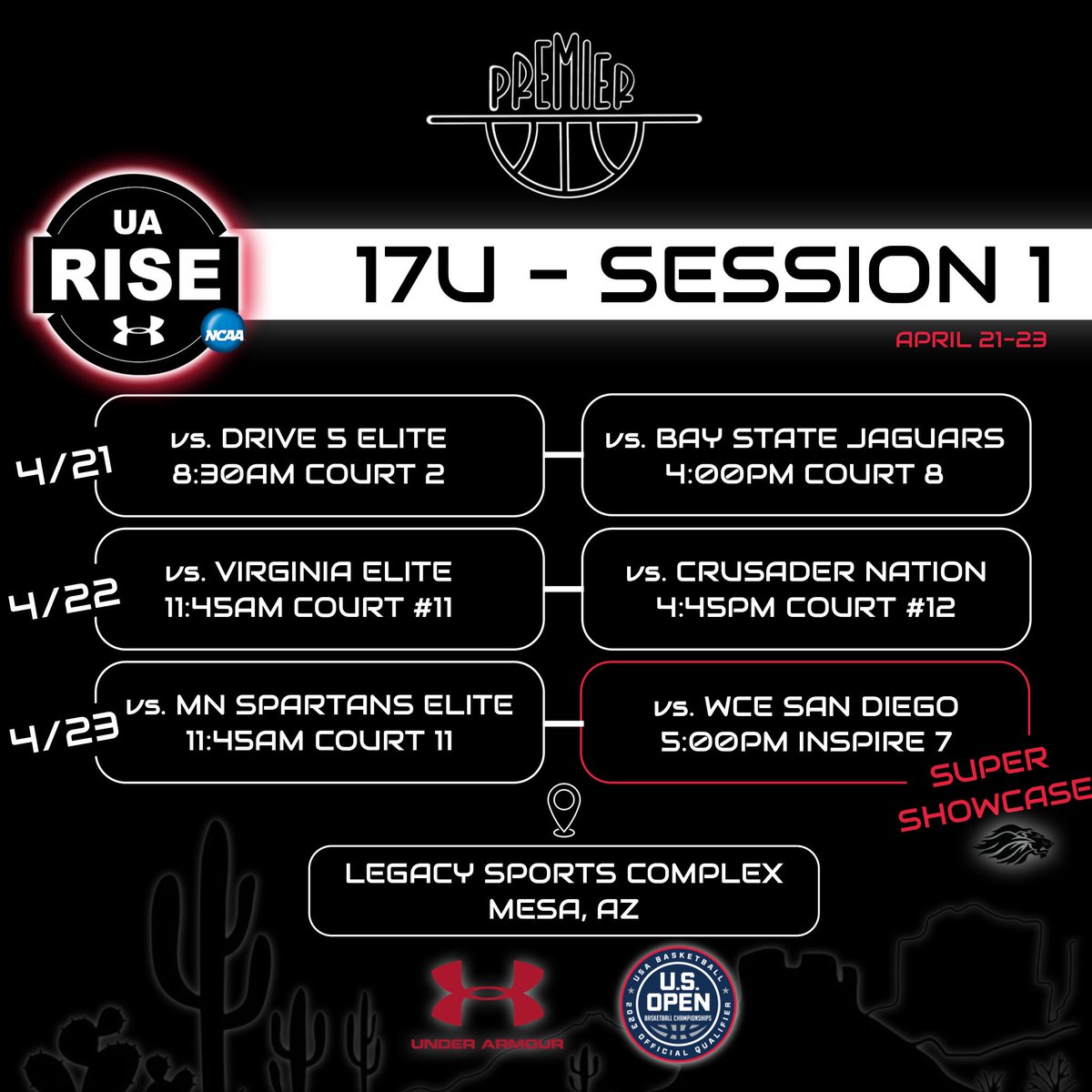 IdahoPremier's tweet photo. 💥Session 1 of the UA @RiseCircuit starts tomorrow!💥

📍All UA Rise &amp; UAA games will be played at Legacy Sports in Mesa, AZ. 

⭐️Our 17U UA Rise team was invited to participate in the @WCEBball Super Showcase, giving them an additional showcase game on Sunday at Inspire Courts. https://t.co/qmmSzJGGqD