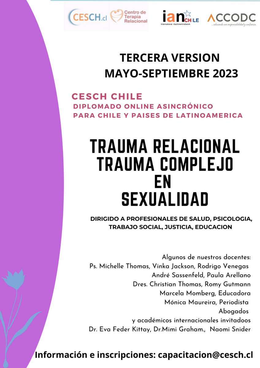 Intervención en trauma sexual complejo, deliberaciones desde la ética del cuidado, reconocer secuelas-prevenir-abordar la reparación (resignificación, reconstrucción, faltan nombres) desde la multidisciplina. Ultimas inscripciones, ya comenzamos pronto: