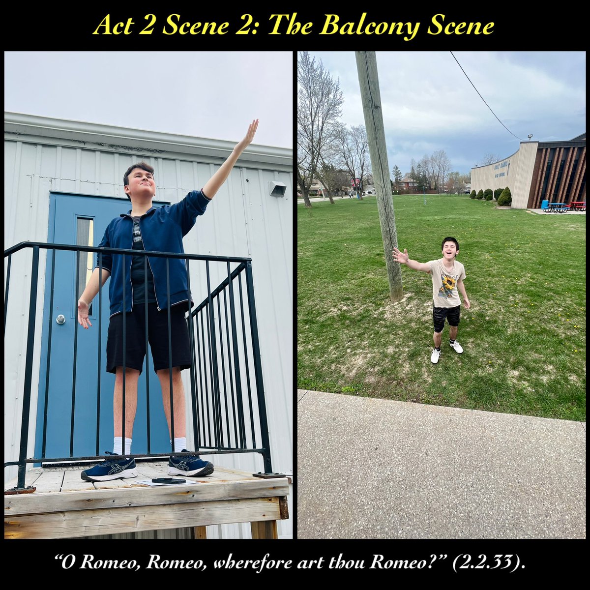 MsLeonetti_16's tweet photo. For an oral communication mark, period 3 grade 9 English students got into character and acted out the famous balcony scene in Romeo and Juliet! What a great use for our portable “balcony”! #StudentEngagement #FunWhileLearning @HolyNamesCHS @WECDSB https://t.co/JCsumQDIDc