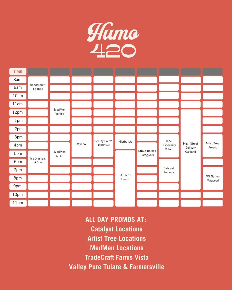 gethumo's tweet photo. Sesh with us today! ๐จ
Hereโs our schedule of events happening throughout the CA ๐ฎโ๐จ๐
#getHumo
#420day https://t.co/pV7lKgLVaN
