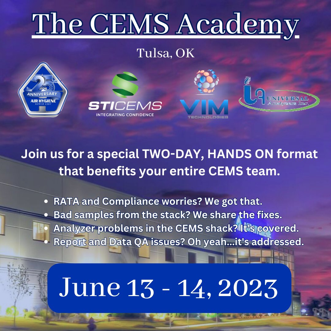 Air Hygiene is hosting the next CEMS Academy, June 13 - 14, 2023.  Visit thecemsacademy.com/events for more information.