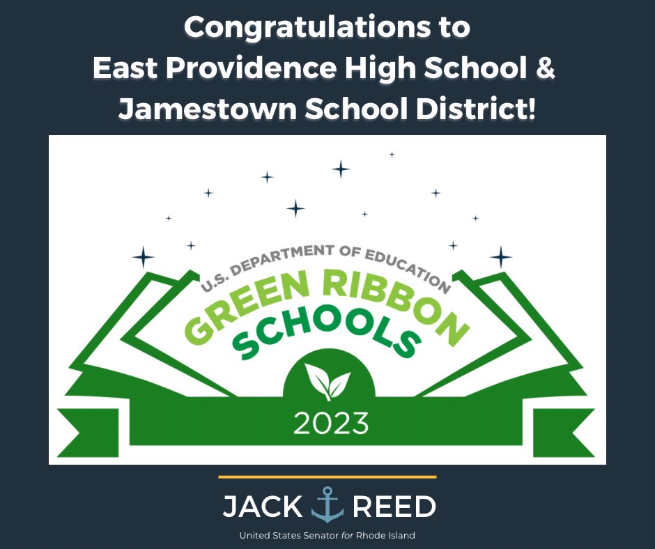 Senator Jack Reed (@senjackreed) on Twitter photo Congrats @EProvHighSchool & <a href="/JSDNews/">Jamestown Schools</a> for earning 2023 <a href="/EDGreenRibbon/">ED Infrastructure & Sustainability</a> School status! East Providence & Jamestown have prioritized sustainability, health & wellness education, & energy efficiency. Congrats @EProvHighSchool & <a href="/JSDNews/">Jamestown Schools</a> for earning 2023 <a href="/EDGreenRibbon/">ED Infrastructure & Sustainability</a> School status! East Providence & Jamestown have prioritized sustainability, health & wellness education, & energy efficiency.