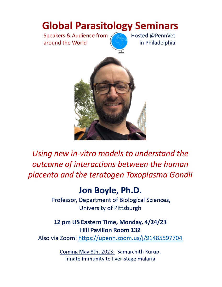 striepenlab's tweet photo. Great Global Parasitology Seminar by Jon @BoyleLab on Toxoplasma &amp; Placenta next Monday 4/24 12 pm ET. https://t.co/aled1go4nz &amp; in person @BSPparasitology @ParaFrap @AS_Para @TrendsParasitol @parasitesrule @MBLBoP @odomjohnlab @pennvet @pennbgs @ASTMH @SheinerLab @MariaEFrancia https://t.co/JEXenXOLdK