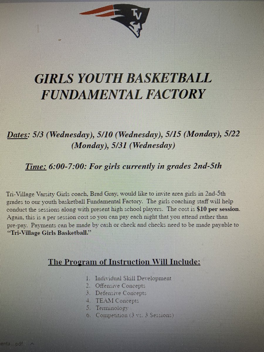 TV_LadyPats_BB's tweet photo. Youth Girls Basketball Fundamental Factory info is below. We welcome any girl who is currently in grades 2nd through 5th to attend. You DO NOT have to be a student at Tri-Village to attend. https://t.co/FZVGx7r4bA
