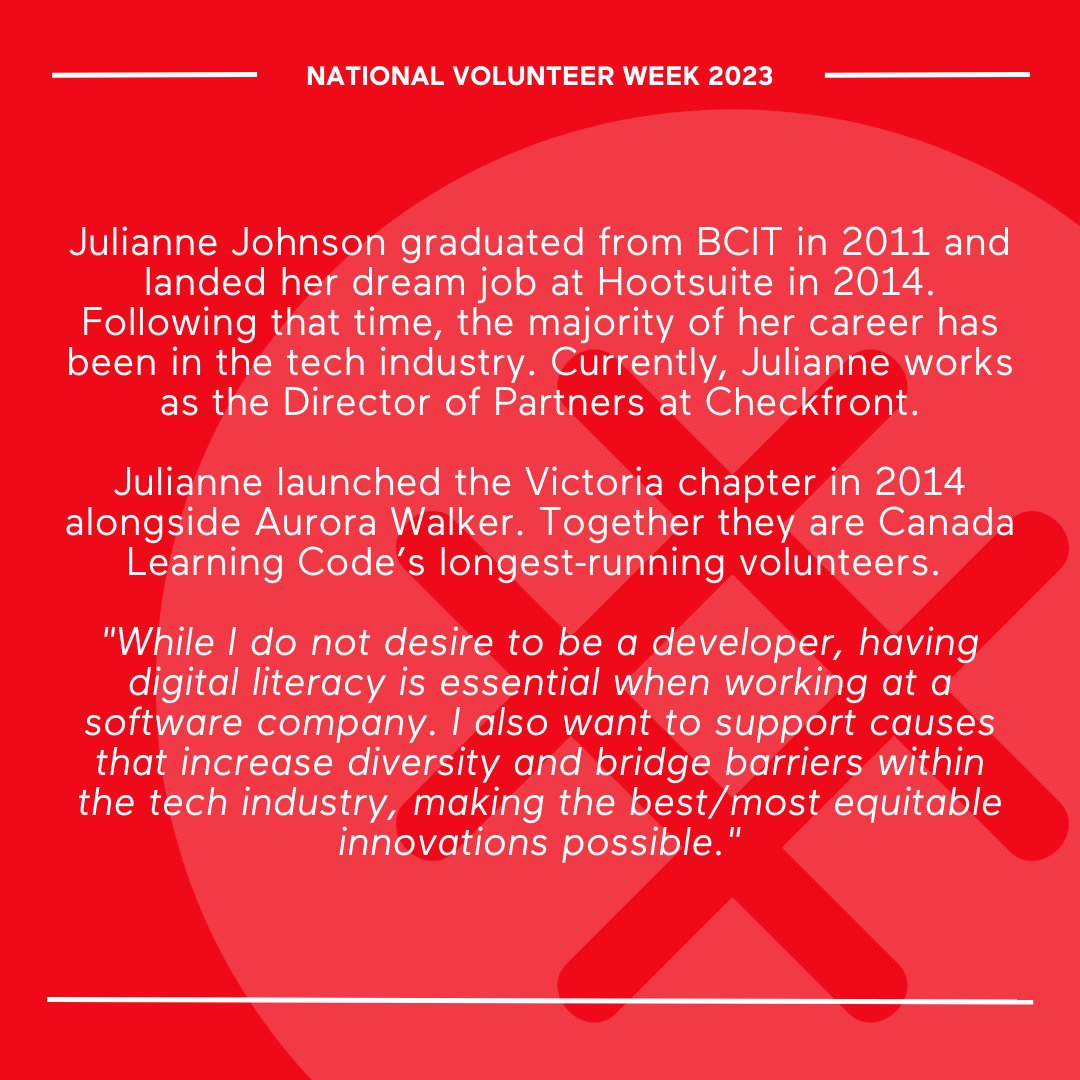 Canada Learning Code is driven by incredibly dedicated volunteers like <a href="/JuliannePJ/">Julianne Johnson</a>, who understand digital literacy is the way of the future — for all people in Canada 🙋‍♀️ Thank you for helping to bridge the tech gap in the Victoria community! ❤️#NVW2023 #NationalVolunteerWeek