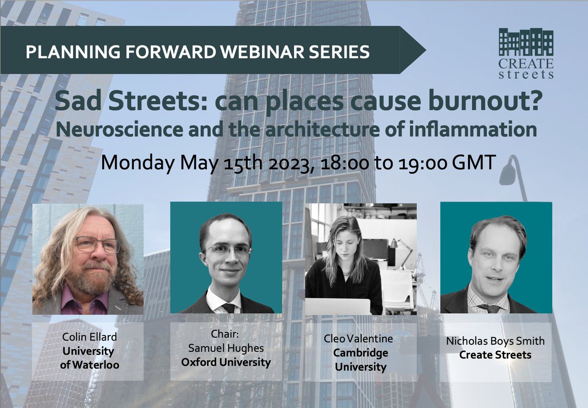 createstreets's tweet photo. Sad streets: can places cause burnout ? 
Our next #Planningforward webinar is on neuroscience &amp; the architecture of inflammation with @WhereAmINow Cleo Valentine @SCP_Hughes &amp; @boys_nicholas 

🗓️15 May, 18:00 (UK time)
💵Its free ! 
✍️Sign up here: https://t.co/kVp9IwhzLE https://t.co/v0TiqENwxI