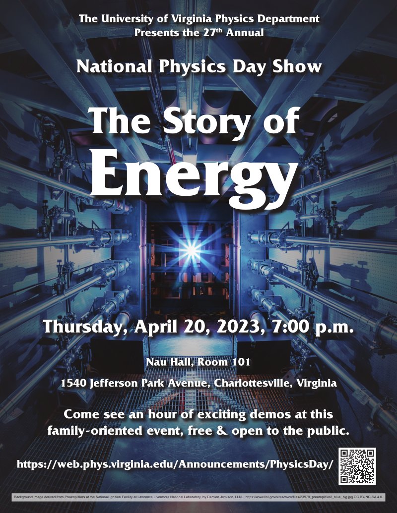 Come and join us — Tonight - Thursday, April 20, at 7 pm on UVA campus (Nau Hall, rm 101). The UVA Physics Day is a family-orientated event, free and open to the public