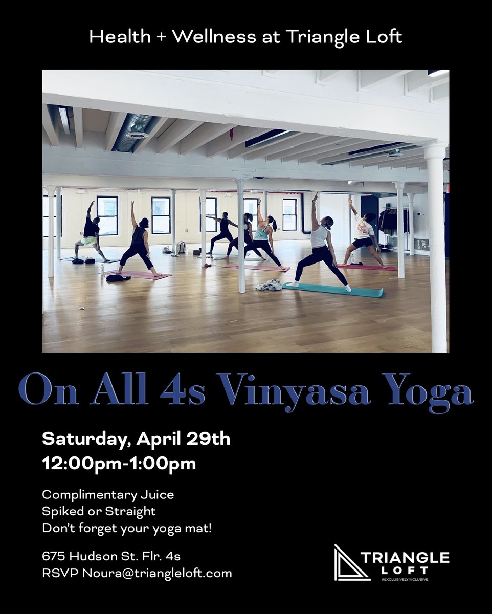 Join us Saturday, April 29th for Health and Wellness at Triangle Loft! RSVP to noura@triangleloft.com

#exclusivelyinclusive #triangleloft #chelseavenues #meatpackingny #eventspace #nycevents #nycyoga #yogapractice #sunlitloft #uniqueeventspace #naturallightvenue #nyceventsspace