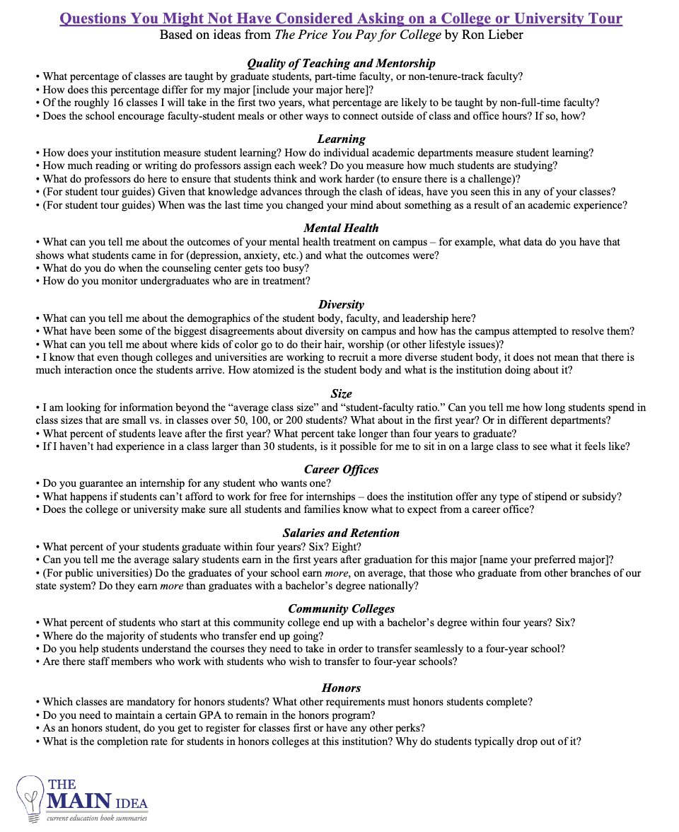 Do you have high school students still visiting colleges to decide where to go? See these QUESTIONS YOU MIGHT NOT HAVE CONSIDERED asking before you decide! 

📘 From <a href="/ronlieber/">Ron Lieber</a>'s excellent book, The Price You Pay for College (<a href="/HarperCollins/">HarperCollins</a>)