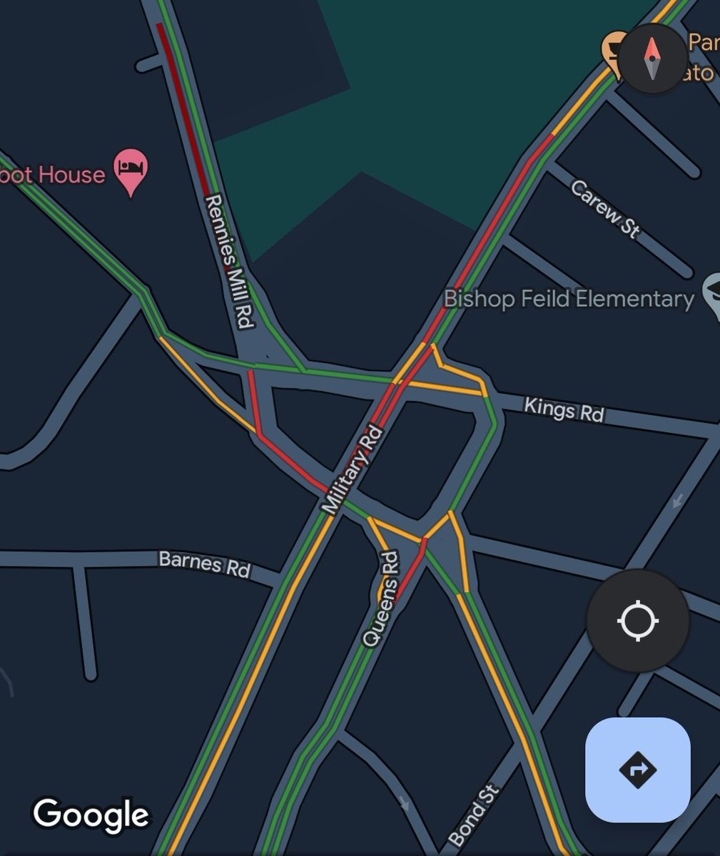 Noble41's tweet photo. Avoid the Rawlins Cross area, if you can. Military Road is closed between Monkstown Rd and King's Rd due to what looks like water main work.

It's essentially turned it into a roundabout again... with traffic lights... and yields in the wrong spots.

#nltraffic https://t.co/M8et7nkiWV