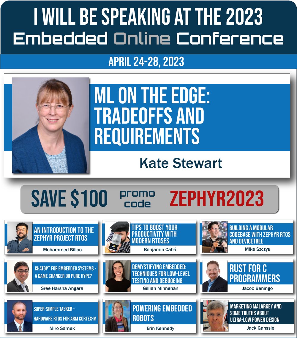 Zephyr Project (@zephyriot) on Twitter photo .<a href="/ZephyrIoT/">Zephyr Project</a> leaders & #ambassadors <a href="/_kate_stewart/">Kate Stewart</a> <a href="/kartben/">Benjamin Cabé</a> <a href="/szczys/">Mike Szczys @szczys@chaos.social</a> <a href="/mabembedded/">mab</a> will be presenting #ZephyrRTOS at the #Embedded Online Conference next week! Register now and use code Zephyr2023 for a discount: hubs.la/Q01Mg4kj0 #embeddedsystems #opensource #RTOS .<a href="/ZephyrIoT/">Zephyr Project</a> leaders & #ambassadors <a href="/_kate_stewart/">Kate Stewart</a> <a href="/kartben/">Benjamin Cabé</a> <a href="/szczys/">Mike Szczys @szczys@chaos.social</a> <a href="/mabembedded/">mab</a> will be presenting #ZephyrRTOS at the #Embedded Online Conference next week! Register now and use code Zephyr2023 for a discount: hubs.la/Q01Mg4kj0 #embeddedsystems #opensource #RTOS