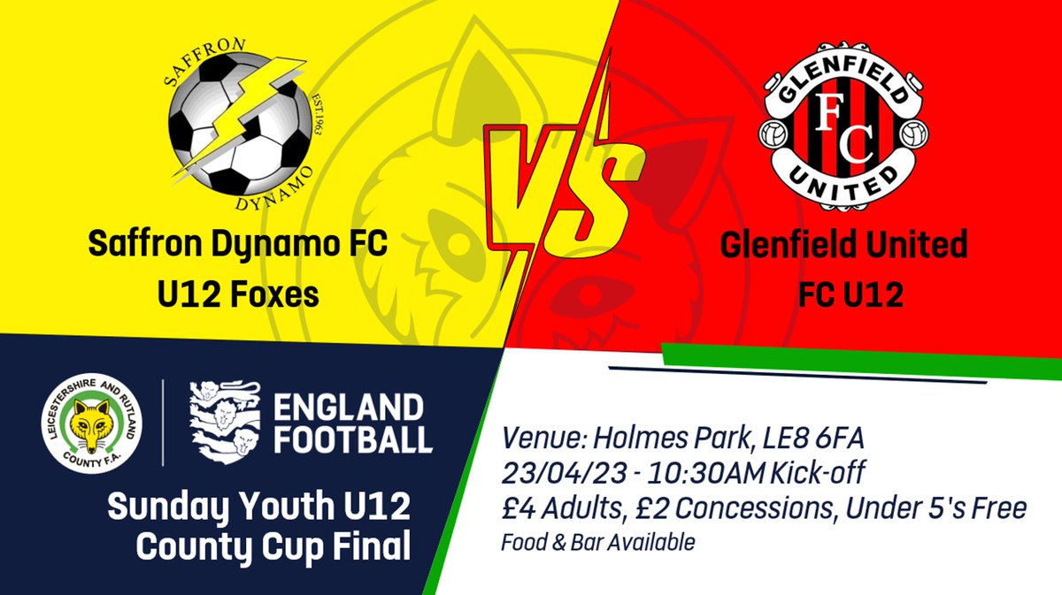 Sunday Youth U12 County Cup Final | This Sunday, we host two finals at Holmes Park. The early kick-off will be...

🟡⚫ <a href="/saffrondynamofc/">Saffron Dynamo Football Club</a> U12 Foxes Vs <a href="/GlenfieldUnited/">Glenfield United F.C</a> U12 🔴⚫