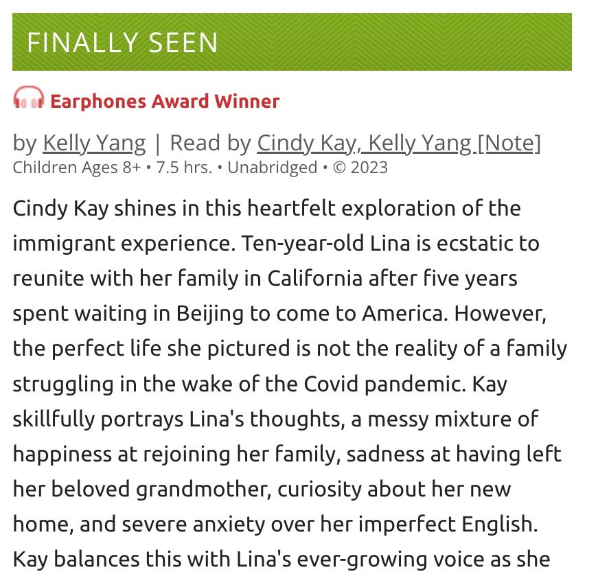 🥰🥰Thank you <a href="/AudioFileMag/">AudioFile Magazine</a> for this wonderful  review and Earphones award and <a href="/SimonAudio/">Simon & Schuster Audio</a> for introducing me to <a href="/kellyyanghk/">Kelly Yang</a> Finally Seen 💖💖. I love seeing its success!!