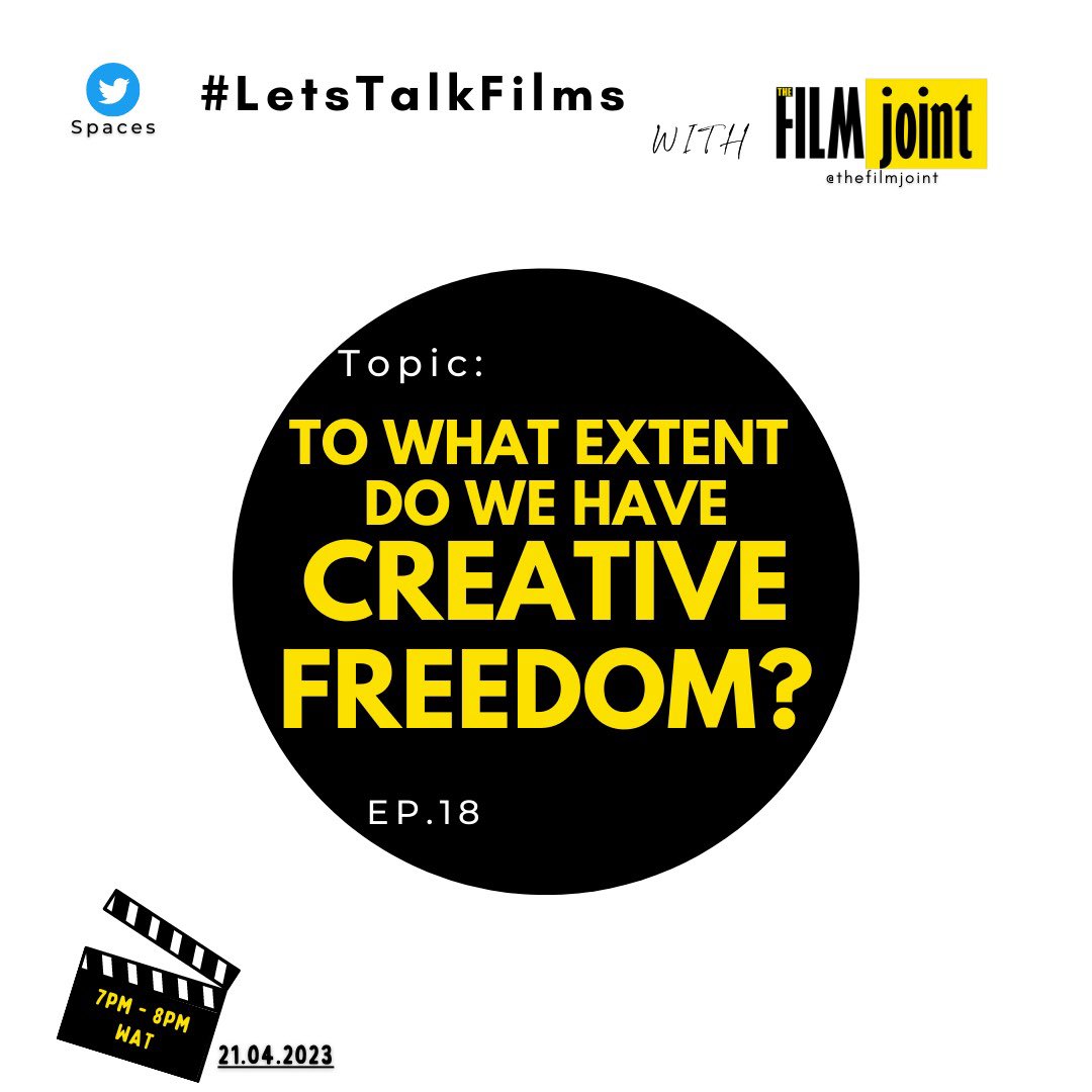 thefilmjoint's tweet photo. To what extent do we have creative freedom? As filmmakers what line can’t we cross? It’s free for all guys, lets discuss tomorrow by 7pm on our Twitter space.
.
.
Click here to set reminder  https://t.co/nQK2SS2xOb 
.
.
.
#thefilmjoint #letstalkfilm https://t.co/ulBCLjMvUL