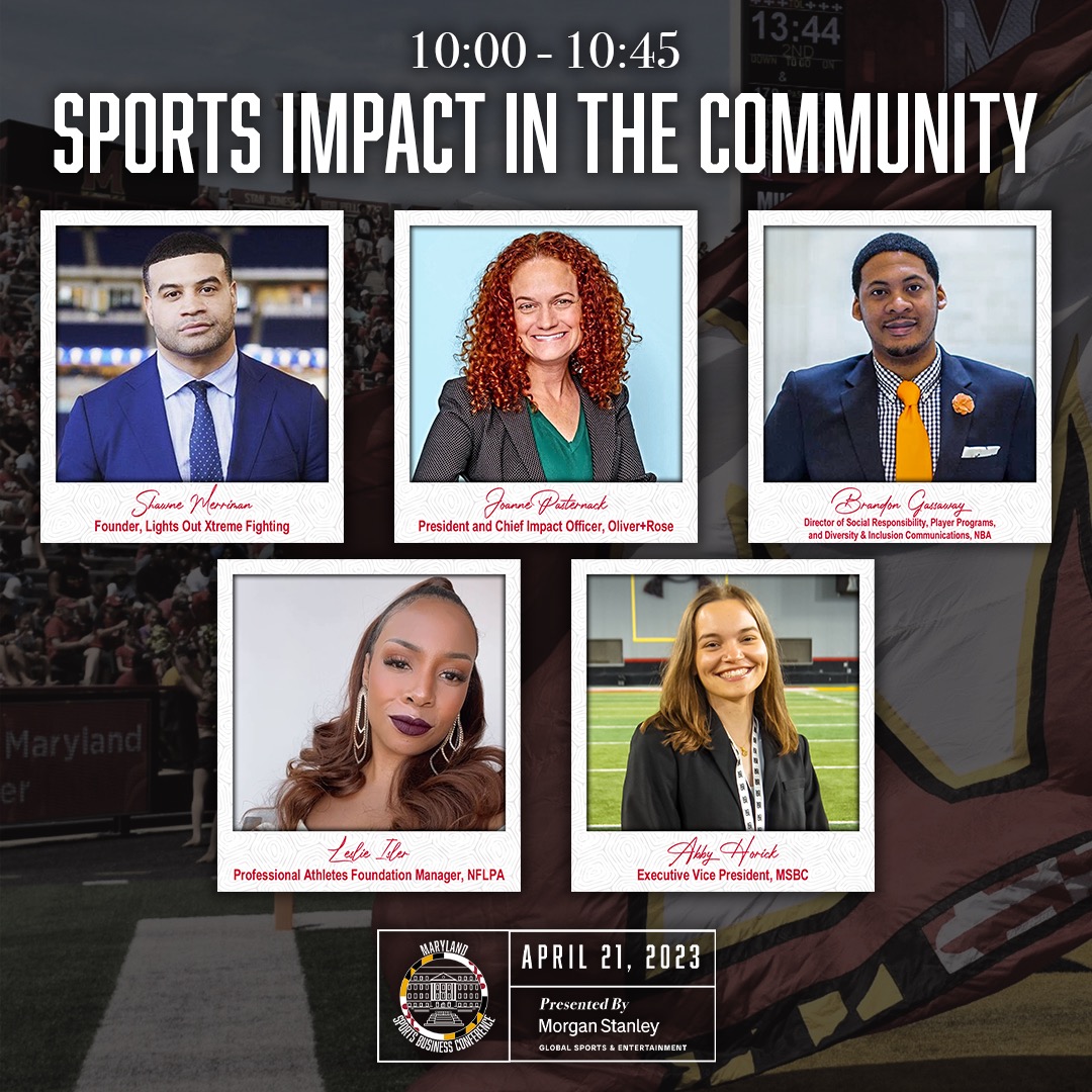 marylandsbc's tweet photo. Announcing our Sports Impact in the Community panel! Our very own Abby Horick will be talking with Shawne Merriman, Joanne Pasternack, Brandon Gassaway, and Leslie Isler! Check out their bios and read about all of their impacts on the sports industry. Buy your ticket now! https://t.co/A8nkn5aky8