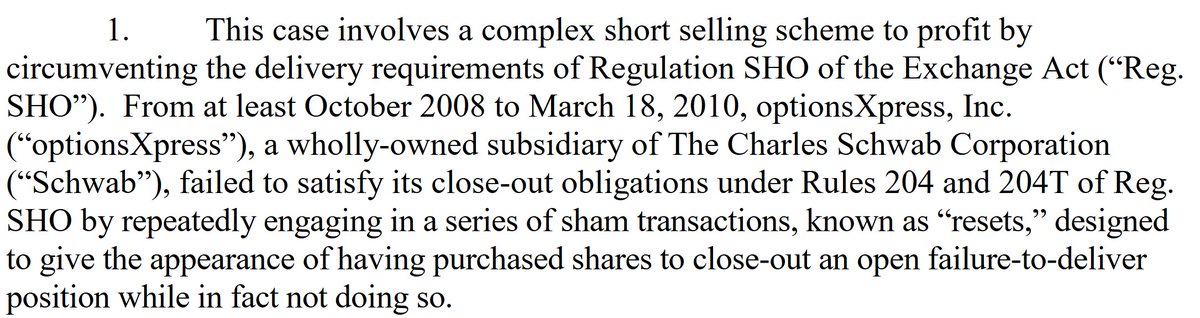 dlauer's tweet photo. Just found this enforcement action from 2012 - a subsidiary of Schwab was caught naked shorting, and using options contracts as "sham reset transactions ... resulting in continuous FTDs." In case someone tells you it can't happen or something.
https://t.co/VyrxYuYfOs https://t.co/nHlM1YY6bT