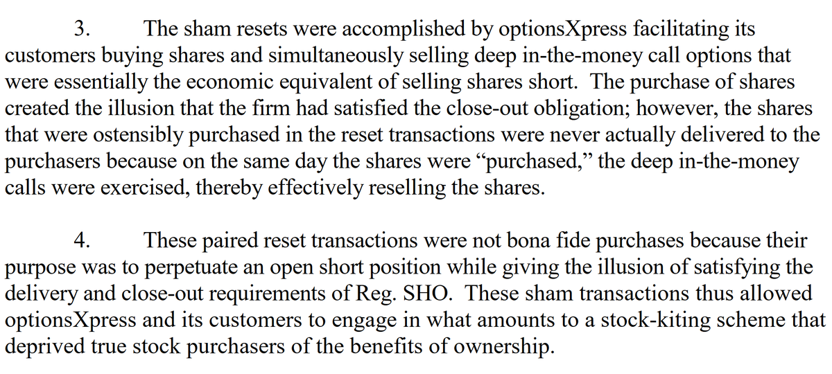 dlauer's tweet photo. Just found this enforcement action from 2012 - a subsidiary of Schwab was caught naked shorting, and using options contracts as "sham reset transactions ... resulting in continuous FTDs." In case someone tells you it can't happen or something.
https://t.co/VyrxYuYfOs https://t.co/nHlM1YY6bT