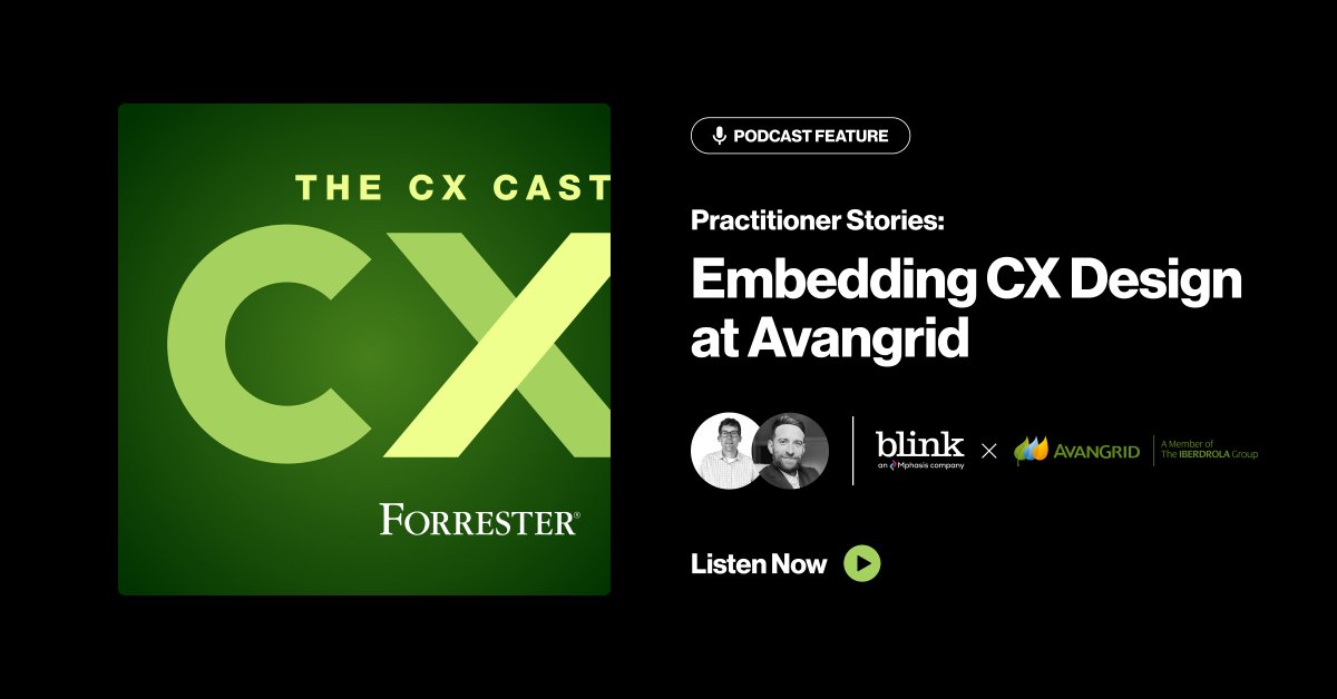 BlinkUX's tweet photo. We're back! Blink’s Chief Design Officer, Geoff Harrison, and @AVANGRID's Head of CX and Digital Transformation, Craig Paterson, return to @forrester's The CX Cast this week to discuss embedding CX design at Avangrid.    

Listen today: https://t.co/58bob1ctLF   

#cx @Mphasis https://t.co/cYYqLsLS54