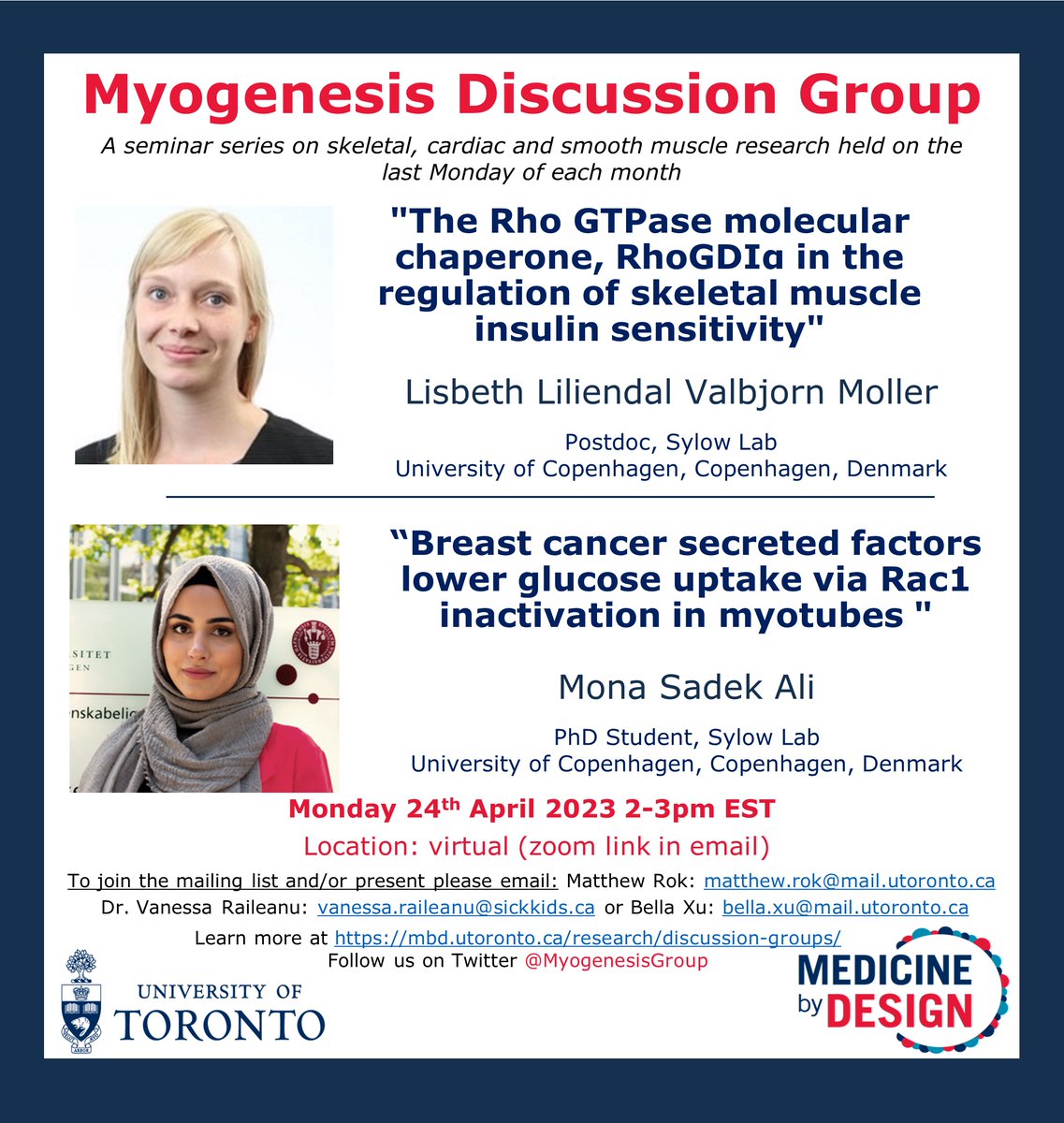 Please join us for the next Myogenesis Seminar Series on Monday April 24 from 2-3pm EST! Dr. Lisbeth Møller and Mona Ali from the University of Copenhagen in Copenhagen, Denmark will be presenting their research. Please see below 👇