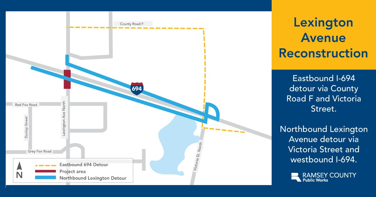 RamseyCounty's tweet photo. Starting April 26, grading and paving of the center lanes of Lexington Ave. at the I-694 interchange in Shoreview and @ArdenHillsCity will begin. One lane of traffic will be maintained in the north and south direction.

View detour information: https://t.co/2oyC6M94Y5 https://t.co/p7hcTTD5YW