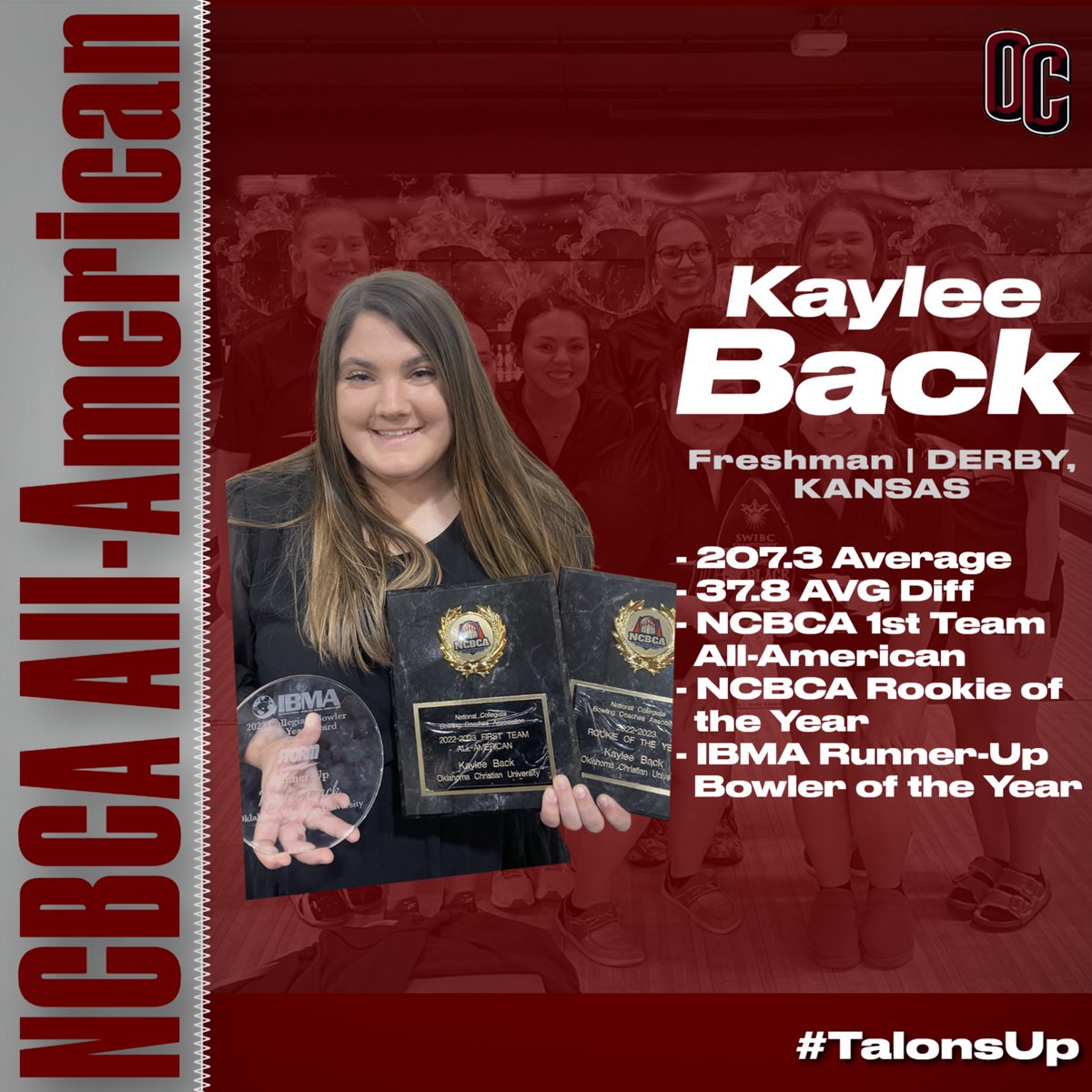 OCEagles_Bowl's tweet photo. Congratulations to freshman, @kayleeback19, becoming the first female All-American in program history! Kaylee is also the first national Rookie of the Year in OC Bowling history!
#TalonsUp #OneHeartbeat #BrandsofBrunswick https://t.co/Xn9kYXvkpS