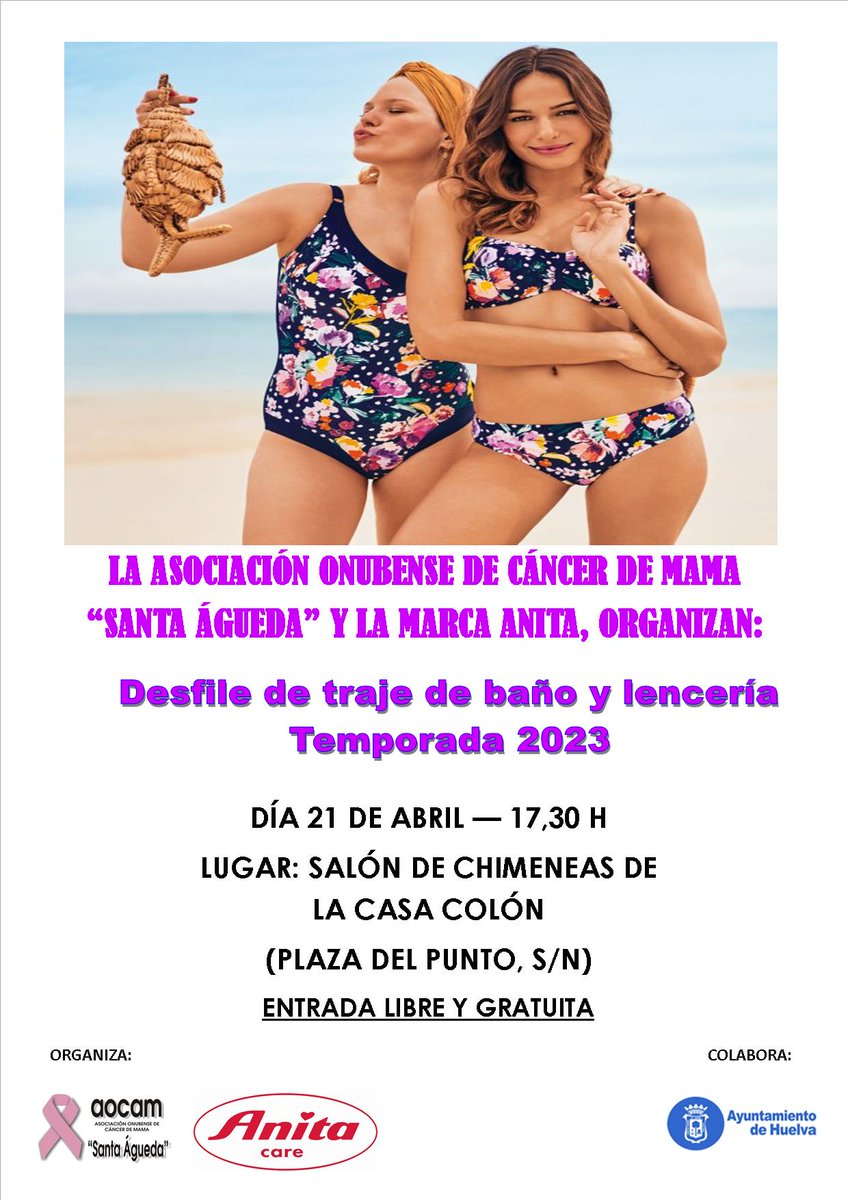 Esta tarde te esperamos en nuestro #desfile de #trajesdebaño y #lencería👙de #Anita.

Descubre las novedades de la línea #AnitaCare, para mujeres con #cirugíasmamarias.

Al finalizar, sortearemos varios trajes de baño🩱entre las asistentes.

¡No te lo pierdas!🤩

<a href="/AytoHuelva/">Ayuntamiento Huelva</a>
