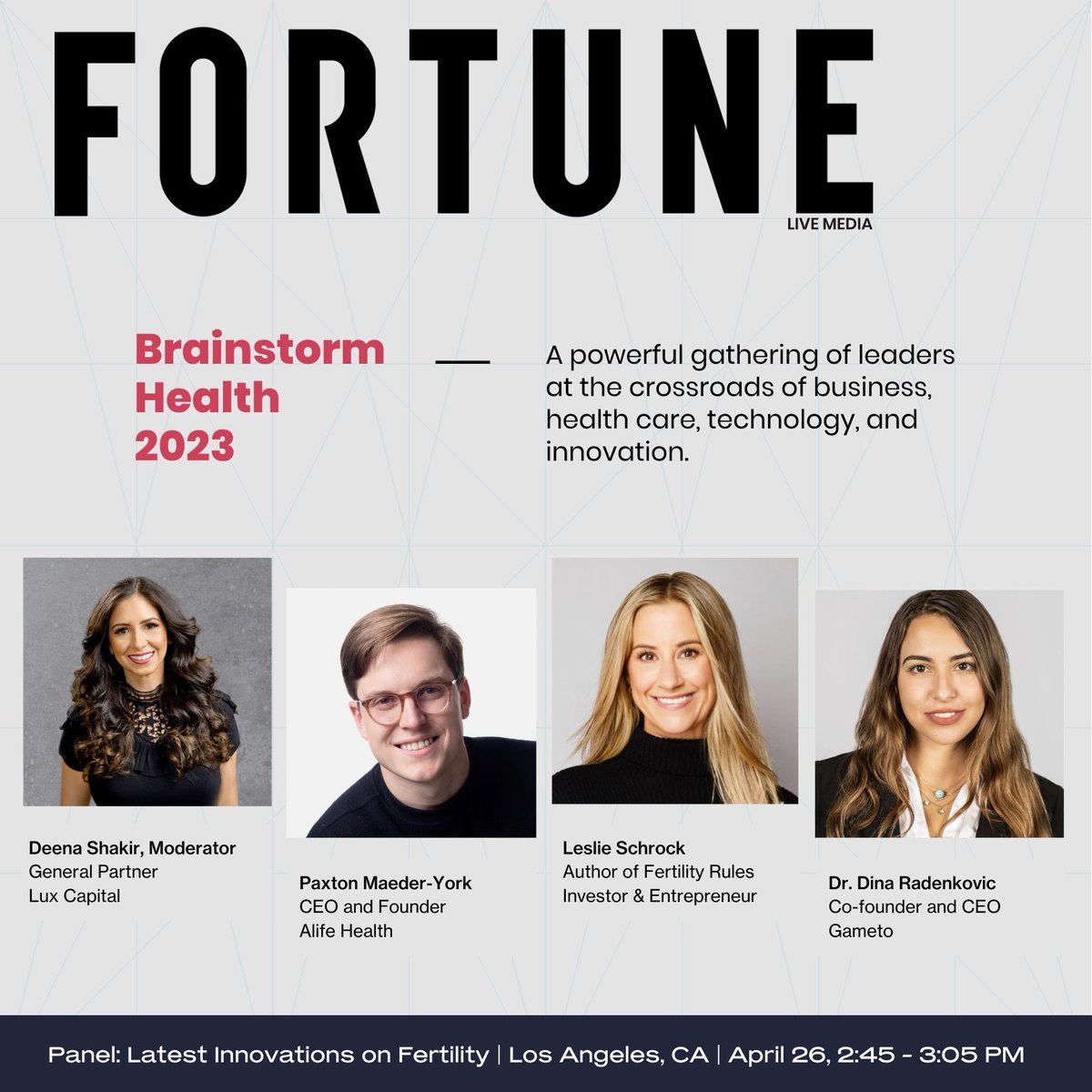 Excited to join @lesliejz and @DinaRadenkovic on a panel at #FortuneHealth next week, moderated by @deenashakir! Looking forward to connecting with fellow attendees, so be sure to reach out if you’ll be there! @bstormhealth #healthtech #AI #fertilitycare