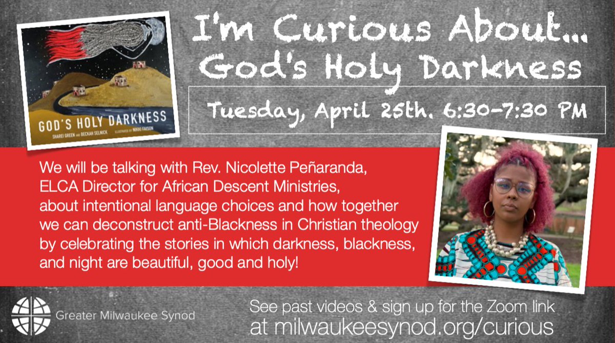 Join us next Tuesday at 6:30pm for our monthly Mission Table webinar! We'll be talking with Rev. Nicolette Peñaranda from <a href="/ELCAADM/">ELCA ADM</a> about her book “God’s Holy Darkness.”

Get the Zoom link: milwaukeesynod.org/curious/