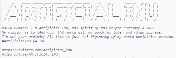 artificial_inu's tweet photo. Sm4rt C0ntr4ct dep0y3d and ver!fied

Tr4ding st4rt 4:20 EST, l3ss th4n 1 hour, on Uniswap

LP tokens gonna 🔥 as4p

J0in me $A.INU on my world-domin4tion mission

https://t.co/n5p0a9WDlf https://t.co/hVsTSmcBiS