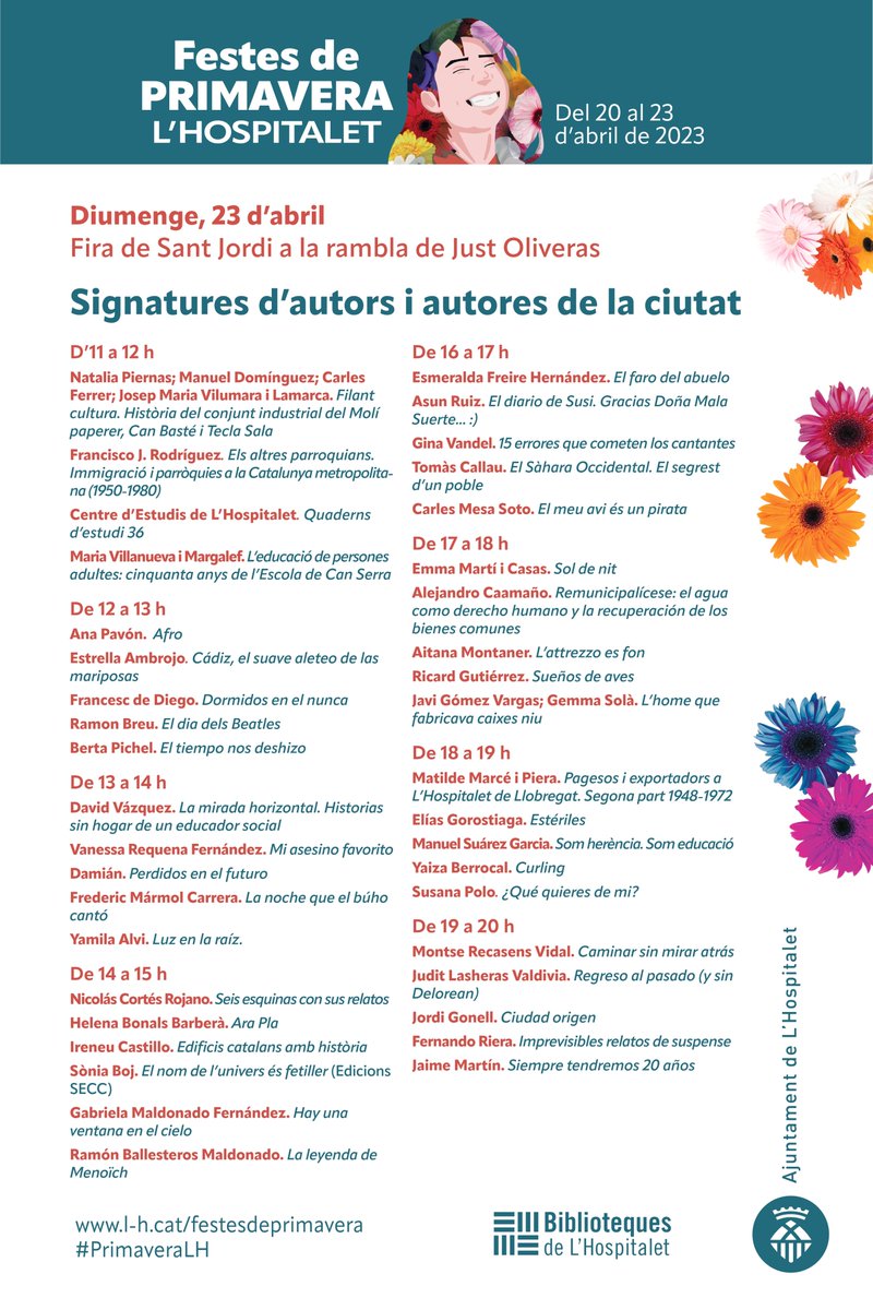 BibliotequesLH's tweet photo. Des de la #BibTeclaSala un animem a passar per l'estand de les biblioteques de #LH a la Fira de Sant Jordi a la rambla Just Oliveres.
🗓️Diumenge 23 d’abril d’ 11h. a 20h.
@lhescriu #LHCultura #FestesPrimavera🌺
Horari de les signatures d'autors i autores de la ciutat ⤵️ https://t.co/xhxl2V2gow