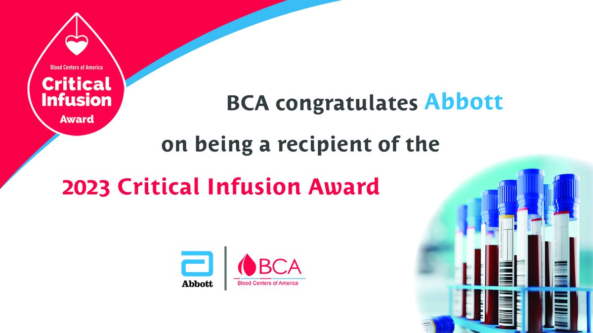 BCAbloodcenters's tweet photo. Congratulations @AbbottNews and thank you for your commitment to BCA member blood centers and the patients they serve! https://t.co/RZUtscCGDJ