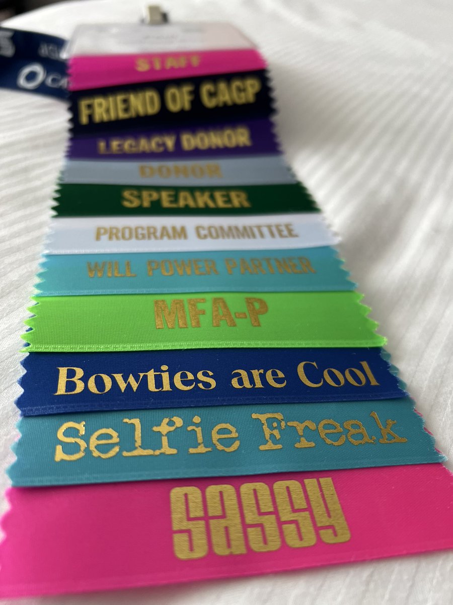 UinvitedU's tweet photo. Day 3 at #CAGP23 - ribbon dork-status defcon-3: Ridiculous 

Thank you @CFRE_INTL for bringing UNsanctioned FABULOUS ribbons to conferences. I don’t want peers to think they = power or importance.

We created them for belonging, but should never take ourselves too seriously 🤓 https://t.co/gloqoliokY
