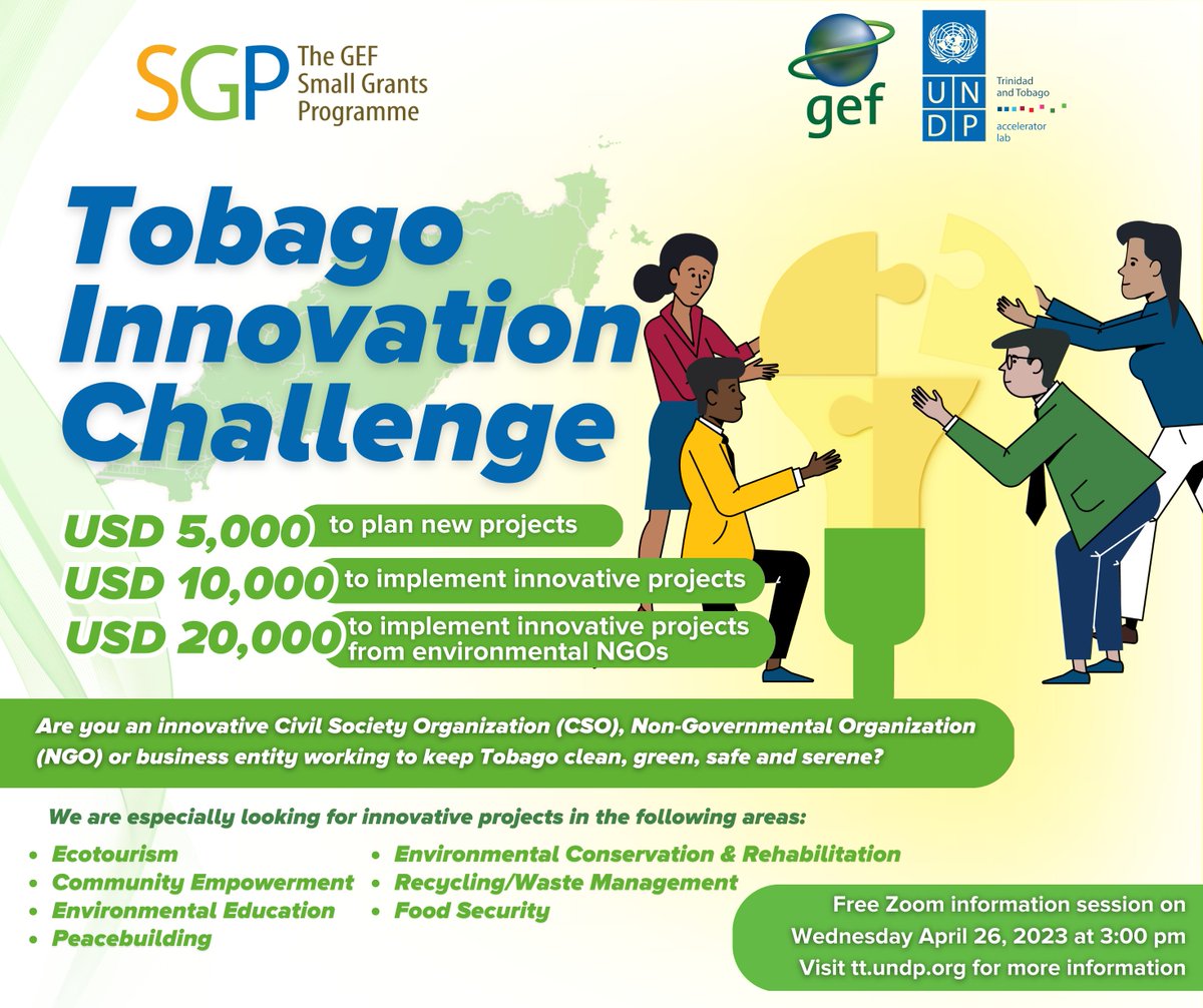 GregTheThinker's tweet photo. 📢Attention innovators! 💡 Do you have a project that can positively impact Tobago's environment and economy? 💰💪 Apply to the Tobago Innovation Challenge! 🌿🌊🌞 Grants up to $20k, coaching &amp; recognition from UNDP &amp; GEF SGP. 
Deadline: May 31st. #CommunityImpact #Sustainability https://t.co/kIIYht6NhF