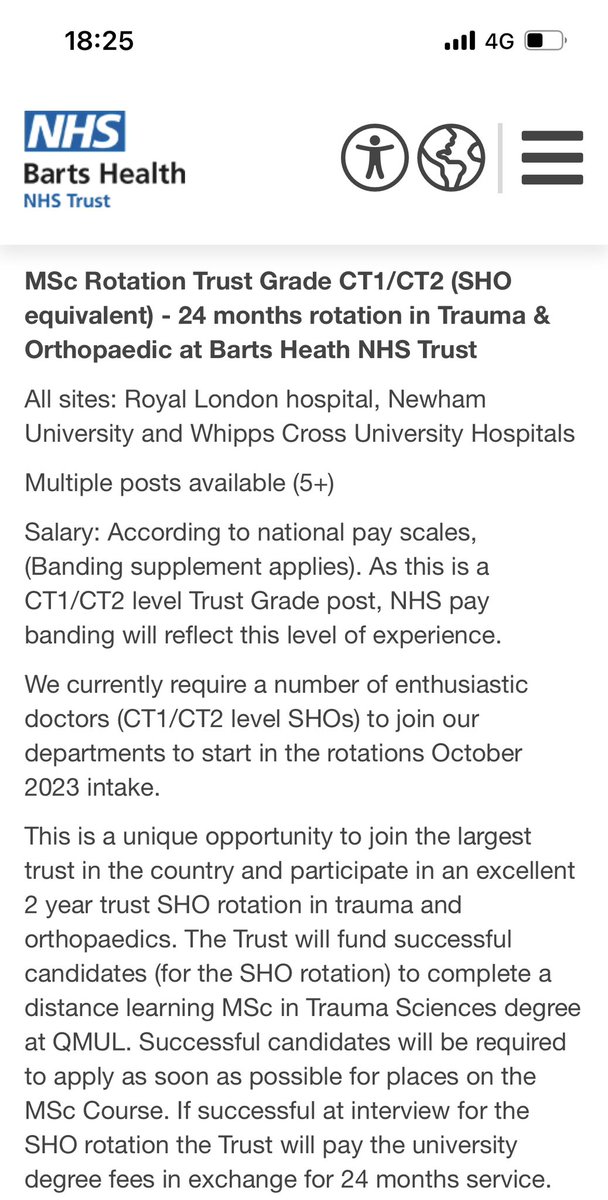It's time #orthotwitter! 

Come work with us and many many wonderful people at <a href="/NHSBartsHealth/">Barts Health</a> @RoyalLondonHosp. 

In return we'll pay for you to do a fully funded <a href="/OrthoMasters/">OrthoMasters</a> MSc and get you ready for an ST3 number like many alumni.

*Deadline May 4th 
bartshealth.nhs.uk/jobs/#!/job/v5…