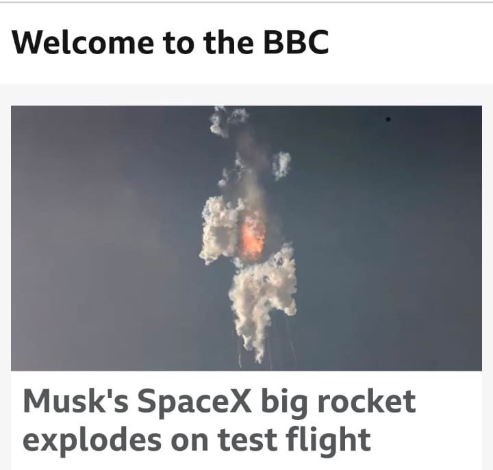 LNWeth's tweet photo. Look at that headline 😂

Try - “Elon Musks Starship maiden launch is a huge success, mission terminated early with many lessons learned"

But I guess that doesn’t get the clicks 😆 https://t.co/16rqPm4mIO