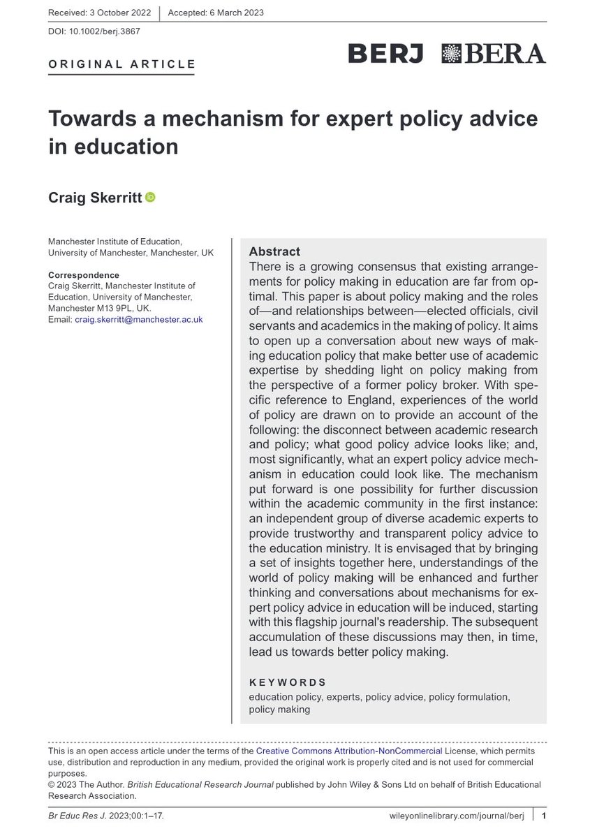 New paper published in British Educational Research Journal: bera-journals.onlinelibrary.wiley.com/doi/10.1002/be… It looks at the disconnect between research and policy, what good policy advice looks like, and what a policy advice mechanism that makes better use of academic expertise might look like